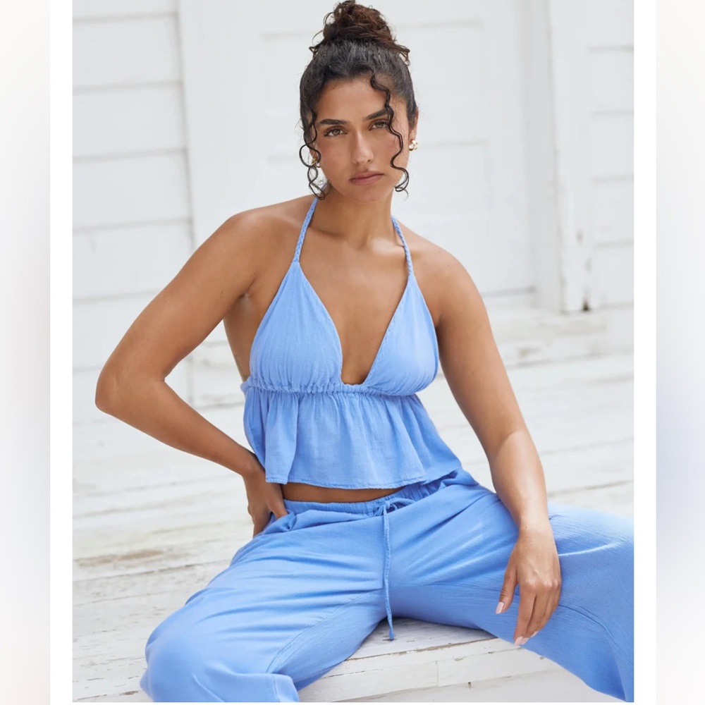 Light Blue Halter Peplum Crop Top